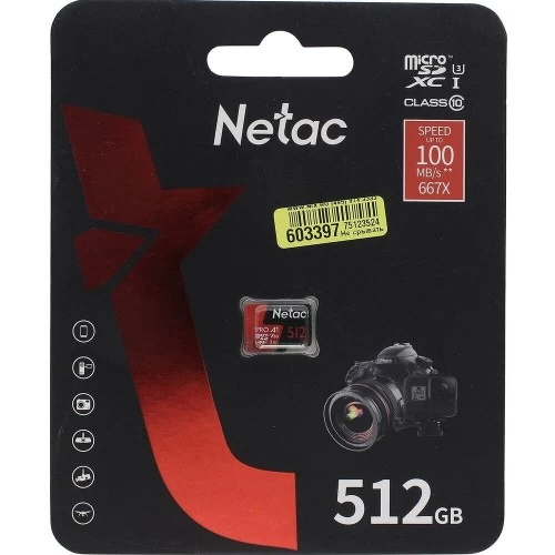 Карта памяти MicroSDXC 512GB Netac P500 Extreme Pro Class 10 UHS-I A1 V30 (100 Mb/s) + SD адаптер