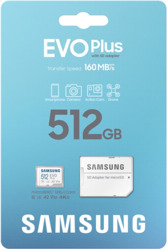Карта памяти MicroSDXC 512GB Samsung Class 10 Evo Plus A2 V30 U3 (R/W 160/90 MB/s) + SD адаптер