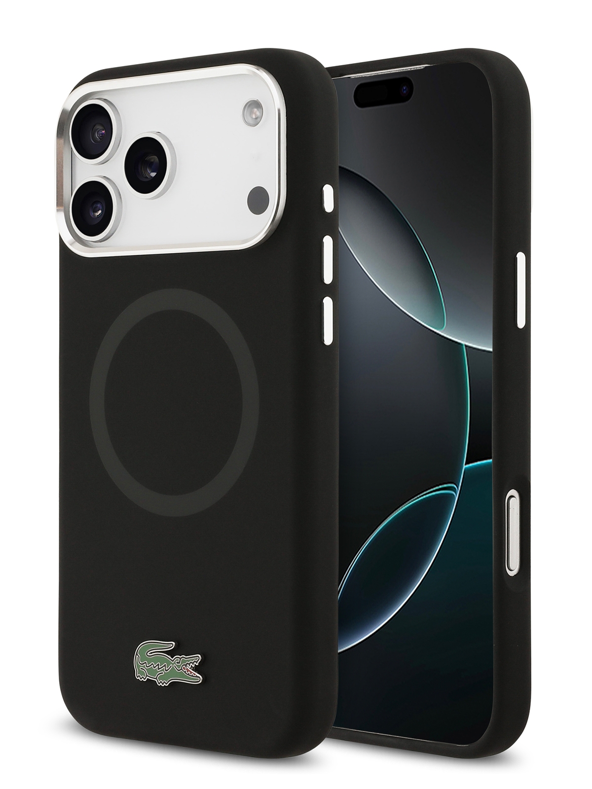 Чехол Lacoste для iPhone 17 Pro Liquid silicone Lacquer Metal logo & Camera Hard Black (MagSafe)