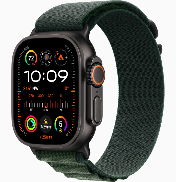 Apple Watch Ultra 2 (2024) GPS, 49 мм, корпус из черного титана, ремешок Alpine зеленого цвета (MX4Q3) S