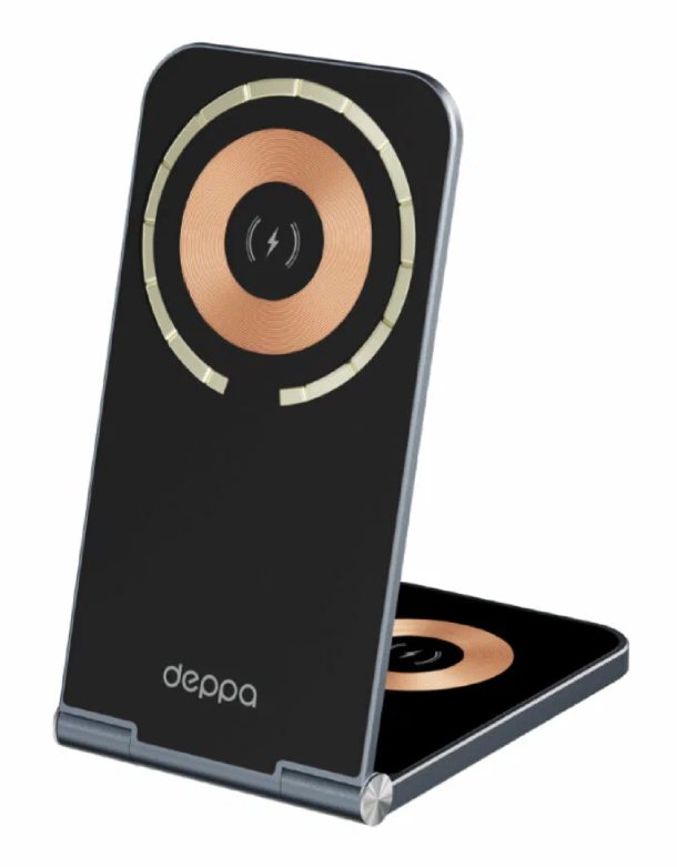 Беспроводная зарядная станция Deppa 2 в 1 MagSafe Crystal Slim QI складная, черная Беспроводная зарядная станция Deppa 2 в 1 MagSafe Crystal Slim QI складная, черная