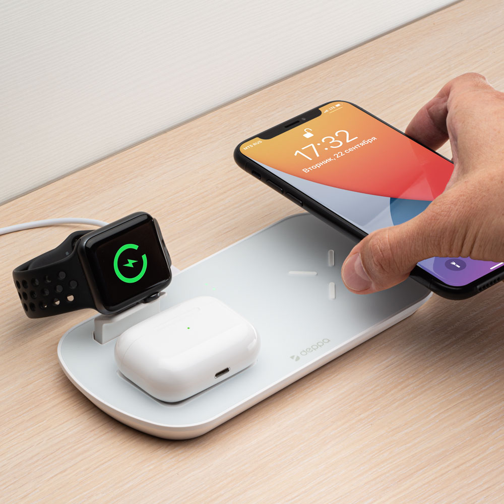 Зарядная станция Deppa 3 в 1: iPhone, Apple Watch, Airpods, 17.5W, белая Зарядная станция Deppa 3 в 1: iPhone, Apple Watch, Airpods, 17.5W, белая