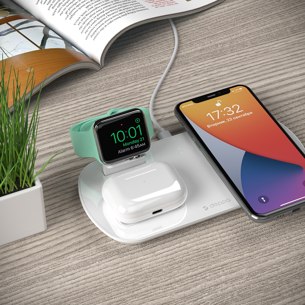 Зарядная станция Deppa 3 в 1: iPhone, Apple Watch, Airpods, 17.5W, белая Зарядная станция Deppa 3 в 1: iPhone, Apple Watch, Airpods, 17.5W, белая