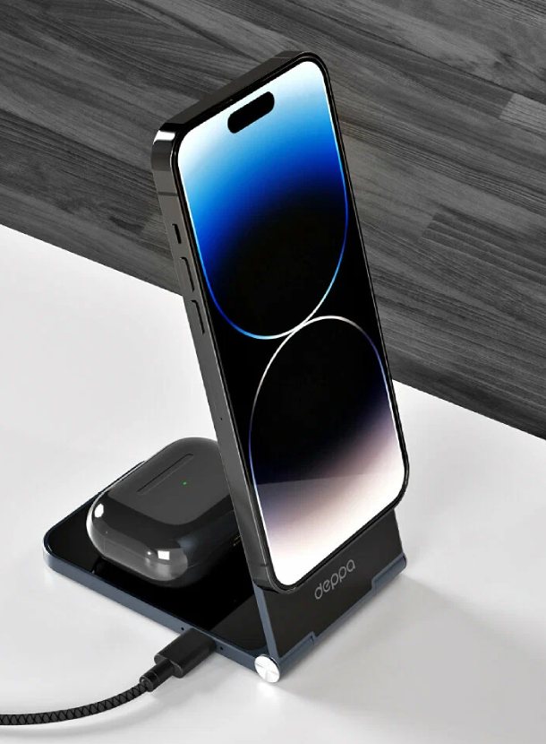 Беспроводная зарядная станция Deppa 2 в 1 MagSafe Crystal Slim QI складная, черная Беспроводная зарядная станция Deppa 2 в 1 MagSafe Crystal Slim QI складная, черная
